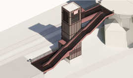 Die Visualisierung zeigt den geplanten Haltepunkt Pallien an der Kaiser-Wilhelm-Brücke. Eine Treppe und ein Aufzug (r.) schaffen den direkten Zugang von der Bushaltestelle auf der Brücke zum Bahnsteig.