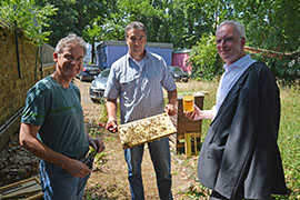 Stolz präsentieren OB Wolfram Leibe, Siegfried Niesen vom Jugendamt und der städtische Umweltberater Johannes Hill (v. r.) das erste Glas des „Rathaus-Honigs“, das die fleißigen Rathaus-Bienen produziert haben.