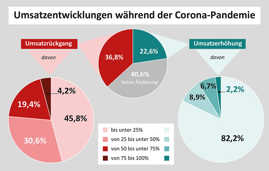 Die Grafik zeigt drei Kuchendiagramme zur Entwicklung des Umsatzes von Trierer Unternehmen während der Corona-Pandemie