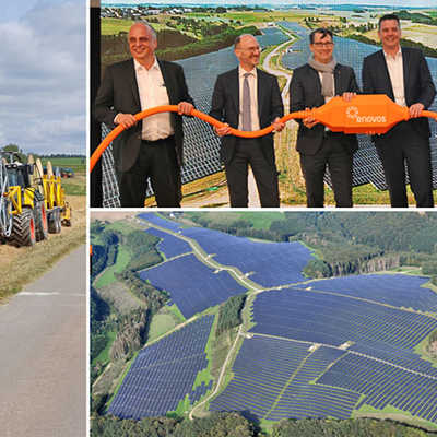 Zur Eröffnung des PV-Freiflächenparks kam unter anderem Staatssekretär Michael Hauer in die Eifel (Foto oben rechts, 3. v. l.). Fotomontage: SWT