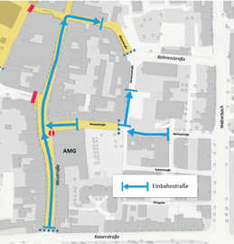 Ein Auszug aus dem Stadtplan zeigt die erlaubten Fahrtrichtungen in dem Quartier um die Neustraße.