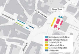 Die Karte zeigt die Neuverteilung der Parkstände für Bewohner, Behinderte, Taxis und Motorräder im Bereich Konstantinstraße.
