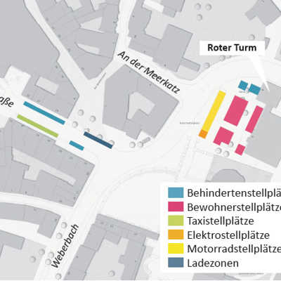 Die Karte zeigt die Neuverteilung der Parkstände für Bewohner, Behinderte, Taxis und Motorräder im Bereich Konstantinstraße. Die bewirtschafteten Parkplätze am Roten Turm entfallen zugunsten von Stellplätzen für Bewohner mit Parkausweis
