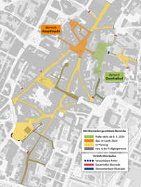 Der Ausschnitt aus dem Stadtplan zeigt die Standorte unterschiedlicher Zufahrtsbarrieren rund um die Trierer Fußgängerzone und die besonders geschützten Bereiche Domfreihof und Hauptmarkt