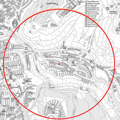 Die Karte zeigt den 1000 Meter-Umkreis um den Fundort der Bombe Auf der Hill in Olewig, der evakuiert werden muss. 