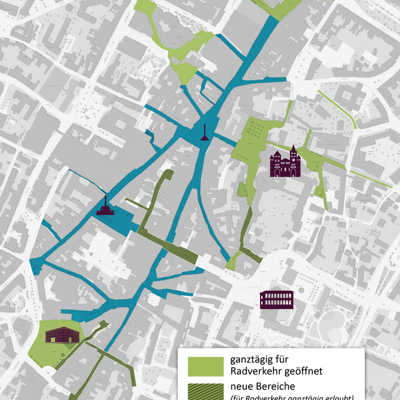 In den Randbereichen der Fußgängerzone (grün), darunter auch alle neu hinzugekommenen Straßen, ist Fahrradverkehr ganztags erlaubt, im Kern der Fußgängerzone (blau) nur von 19 bis 11 Uhr.