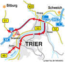 Während der Sperrung auf der Bitburger fließt der Verkehr über die A 64/B 52, die A 602, die Zurmaiener Straße und weiter auf der Moseluferstraße. Karte: Amt für Bodenmanagement und Geoinformation