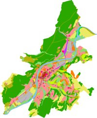 Die Grundkarte des neuen Flächennutzungsplan zeigt auf den ersten Blick, wie heutige und künftige Siedlungsgebiete sowie Grünflächen im Stadtgebiet von Trier verteilt sind. Karte: Stadtplanungsamt 